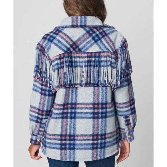 Blank NYC Womens Plaid Long‎ Sleeve Fringe Button Front Shirt Jacket Blue Small - Picture 5 of 11
